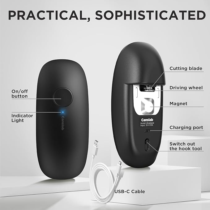 Canslab Ultrablde SE - USB Rechargeable Electric Can Opener for Kitchen for Seniors with Arthritis- Cordless Battery Powered Automatic, Side Cut, Smooth Edge, Handsfree, for Small or Large Cans, Grey