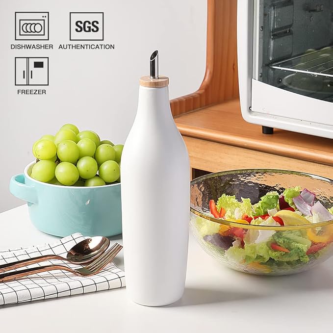 Sweejar Matte Ceramic Olive Oil Dispenser Bottles with Bamboo Tray, 17 Oz Oil Dispenser Set for Kitchen Counter, Opaque Oil Cruet for Cooking, EVOO, Vinegar, Avocado Oil, Pack of 2 (White & Tray)