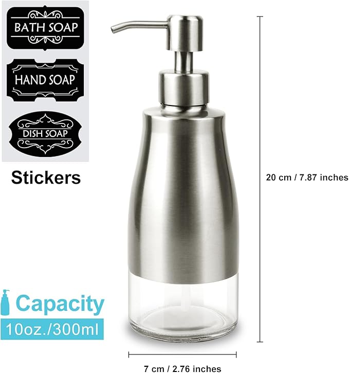 AUMIO 2 Pack Soap Dispenser Stainless Steel Case Glass Liner Hand Pump Dispenser, Refillable Liquid Hand Soap Dispenser for Bathroom & Kitchen - Brushed Nickel, Silver & Black