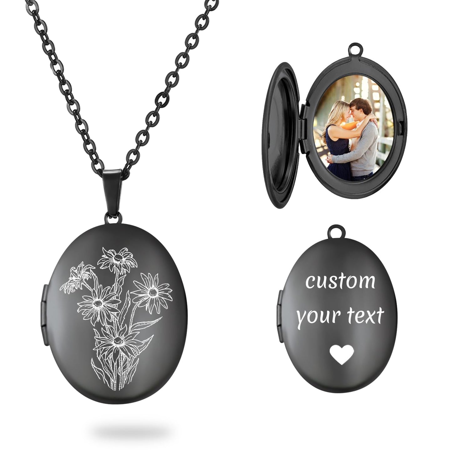 PHOCKSIN Black Oval Locket Necklace 12 Birth Flowers Personalized Necklace that Holds Pictures Customized Gifts Locket Necklaces for Women Birthday Gifts
