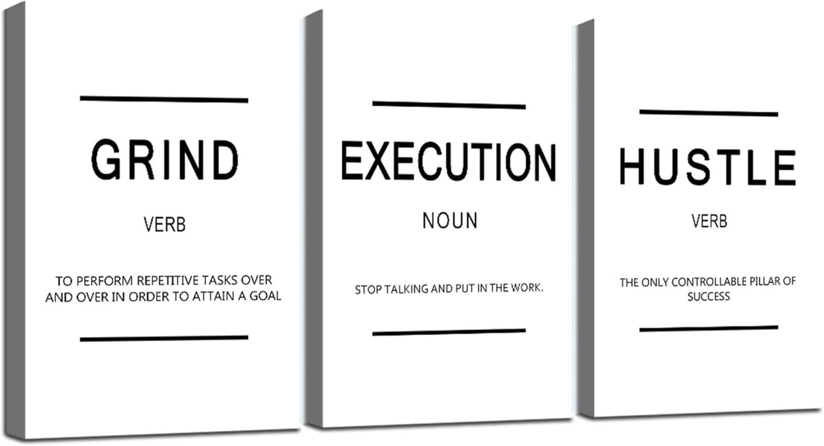 Framed Canvas Wall Art Success Quote, Office Wall Art, Black Large Poster, Positive Motivational Set of 3 Prints, Grind Execution Hustle Poster, Inspirational Print (C-3pcs,24x36inchx3pcs)