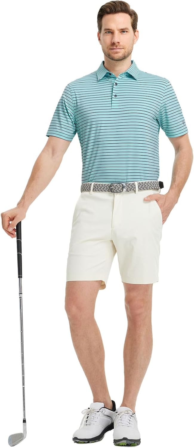 M MAELREG Golf Shirts for Men Moisture Wicking Striped Polo Performance Dry Fit Business Sports Mens Polo Shirts Short Sleeve