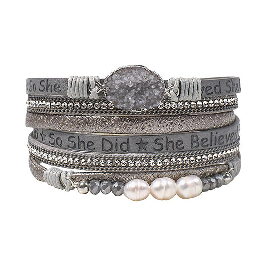 Artilady Leather Wrap Bracelet for Women - Handmade Clasp Bangle Bracelet with Pearl Beads Crystal Wristbands Jewelry Gift for Ladies and Mother