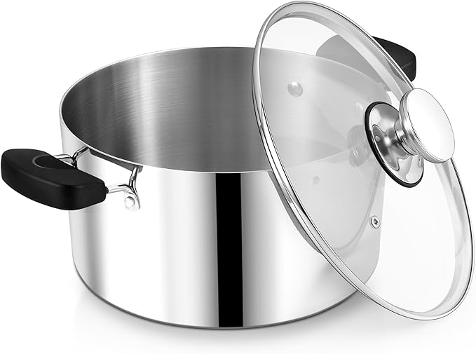 8 Quart 3-Ply Cooking Stock Pot with Lid, P&P CHEF Stainless Steel Large Pot for Pasta Soup, Work on Multi Stove, Heavy Duty & Dishwasher Safe, Dual Heat-resistant Handles & Transparent Glass Lid