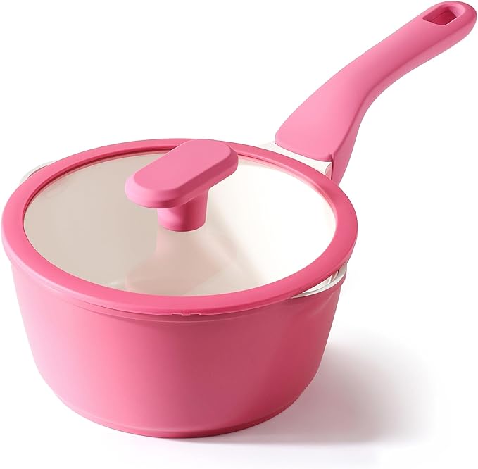 PRICUSIS Ceramic Nonstick Saucepan with Lid, 2 Quart Non Toxic Pot with Pour Spouts, Full Coated, 100% Dishwasher Safe, Induction Compatible & Oven Safe, PTFE PFAS & PFOA Free, Raspberry Red