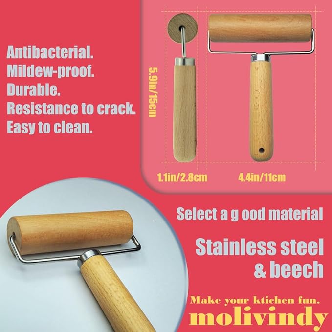 Small Rolling Pin, Wooden Dough Roller, Non-Stick Pizza Roller, Dough Baker Roller Set for Home Kitchen Baking Cooking.