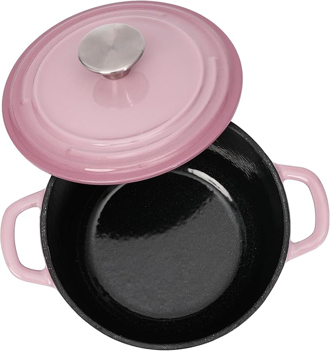 Flavehc Dutch Oven Pot with Lid 2.8 qt Cast Iron Dutch Oven for Bread Baking Pink Enameled Cast Iron Rice Pot with Handels