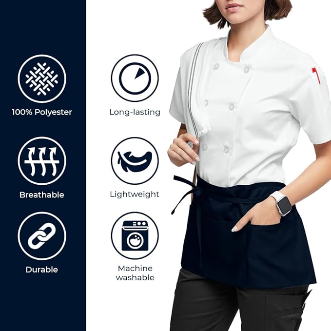 Avalon Kitchen Server Aprons with 3 Pockets, 100% Polyester Waist Apron with Pockets, 24x12 Inche Waitress Apron with Pockets