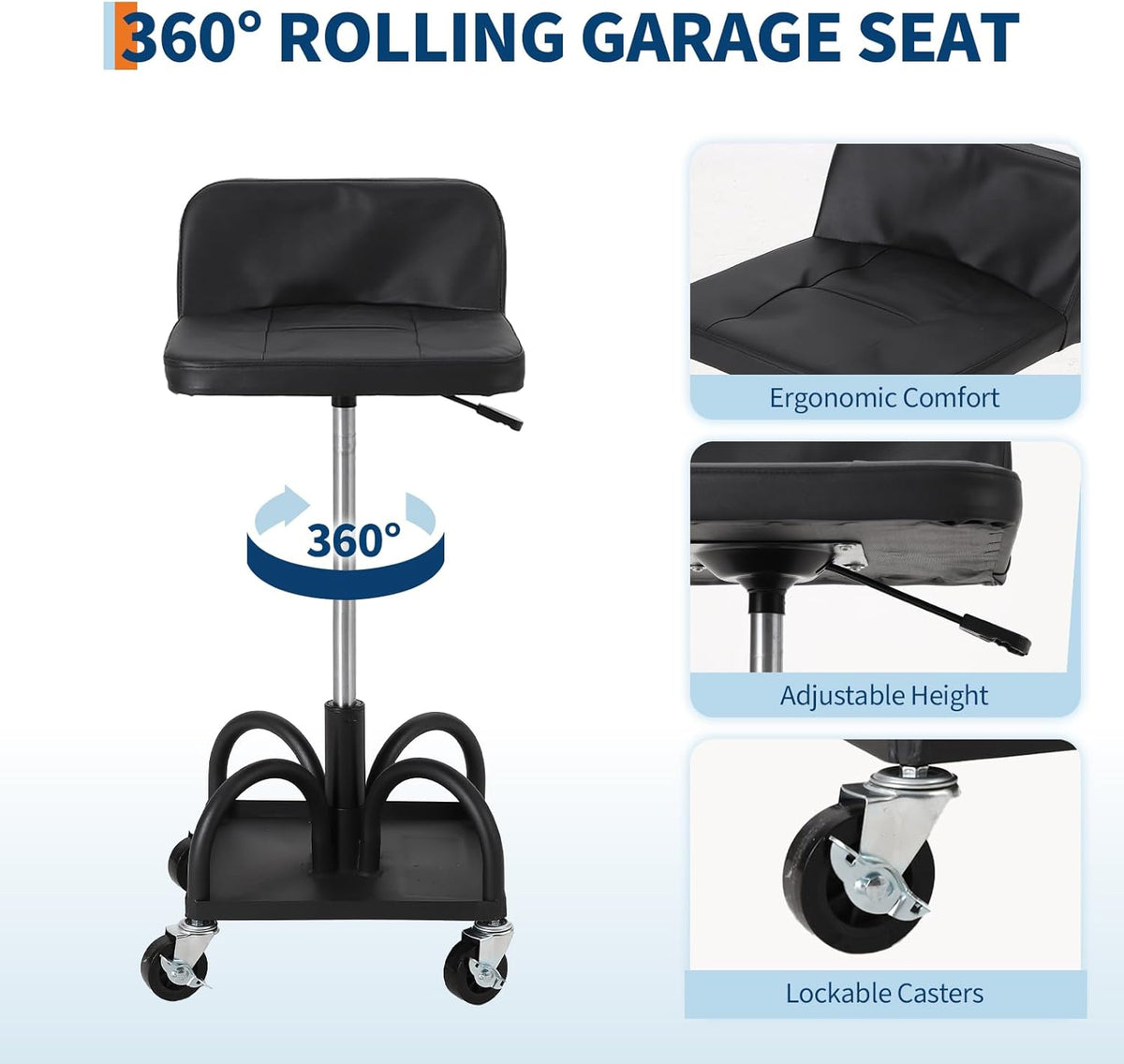 Garage Stool, 19”-25” Adjustable Rolling Mechanic Stool with Universal Wheels, Removable Magnetic Tool Tray, 300LBS Capacity, Roller Creeper Seat, Shop Chair