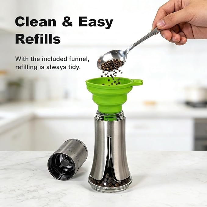 Aelga Pepper Grinder with Silicone Funnel - 4oz Glass Manual Mills with Adjustable Ceramic Core & Stainless Steel Sleeve, Refillable Kitchen Gadget