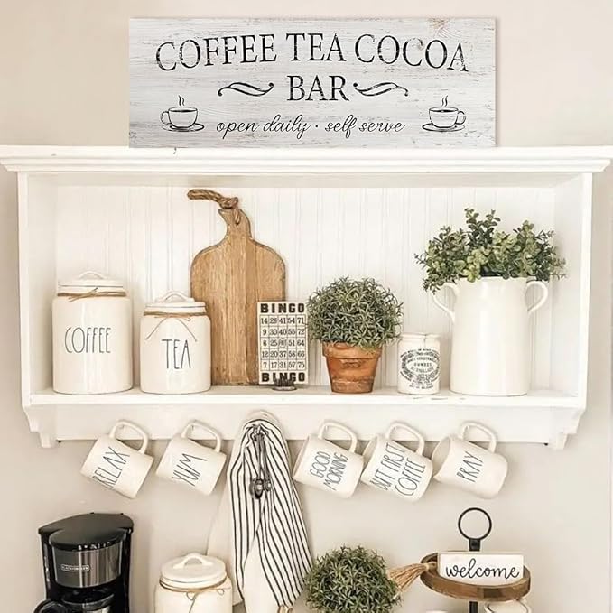Coffee Tea Cocoa Bar Sign Decor Farmhouse Wall Plaque with Wood Grain Retro Cafe Canvas Prints for Bar Decor Open Daily Self Serve Kitchen Cafe Pub Nook Decoration Accessories 6"x17"