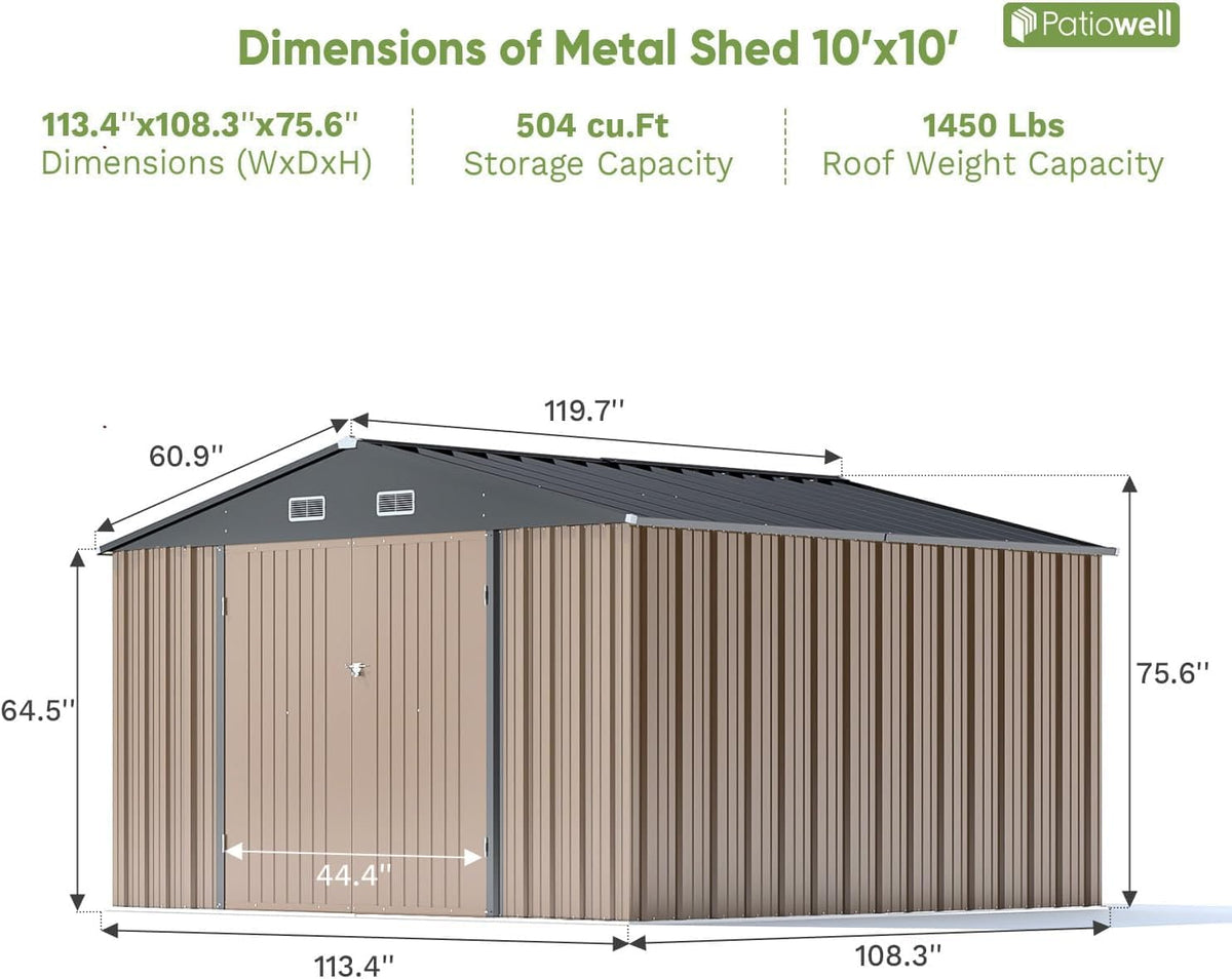 Patiowell 10 x 10 FT Outdoor Storage Shed,Metal Yard Shed with Design of Lockable Doors, Utility and Tool Storage for Garden, Patio, Backyard, Outside use,Brown
