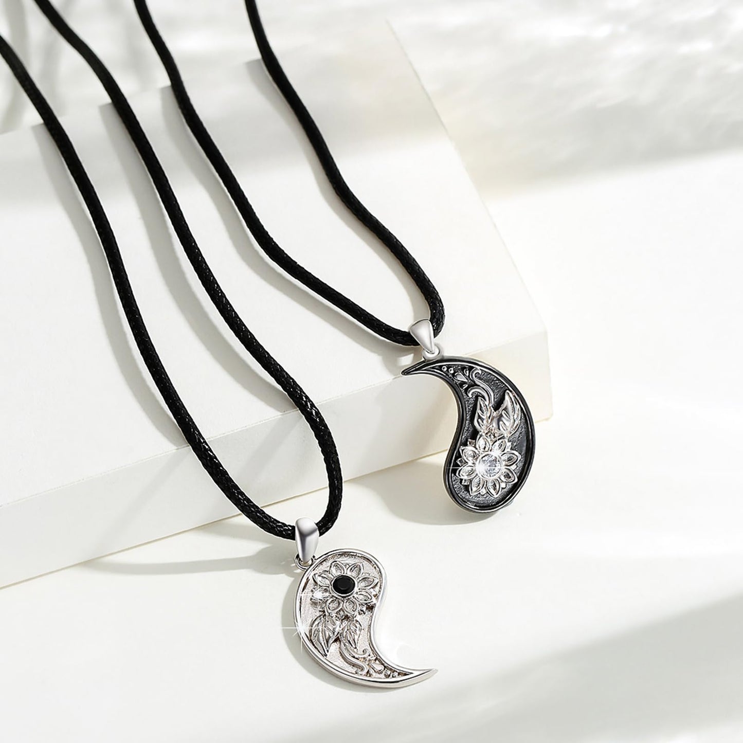 OHAYOO Yin Yang Couples Necklace, 925 Sterling Silver Sunflower Pendant, Yin Yang Couples Matching Necklace, Natural Jewelry for Women Men