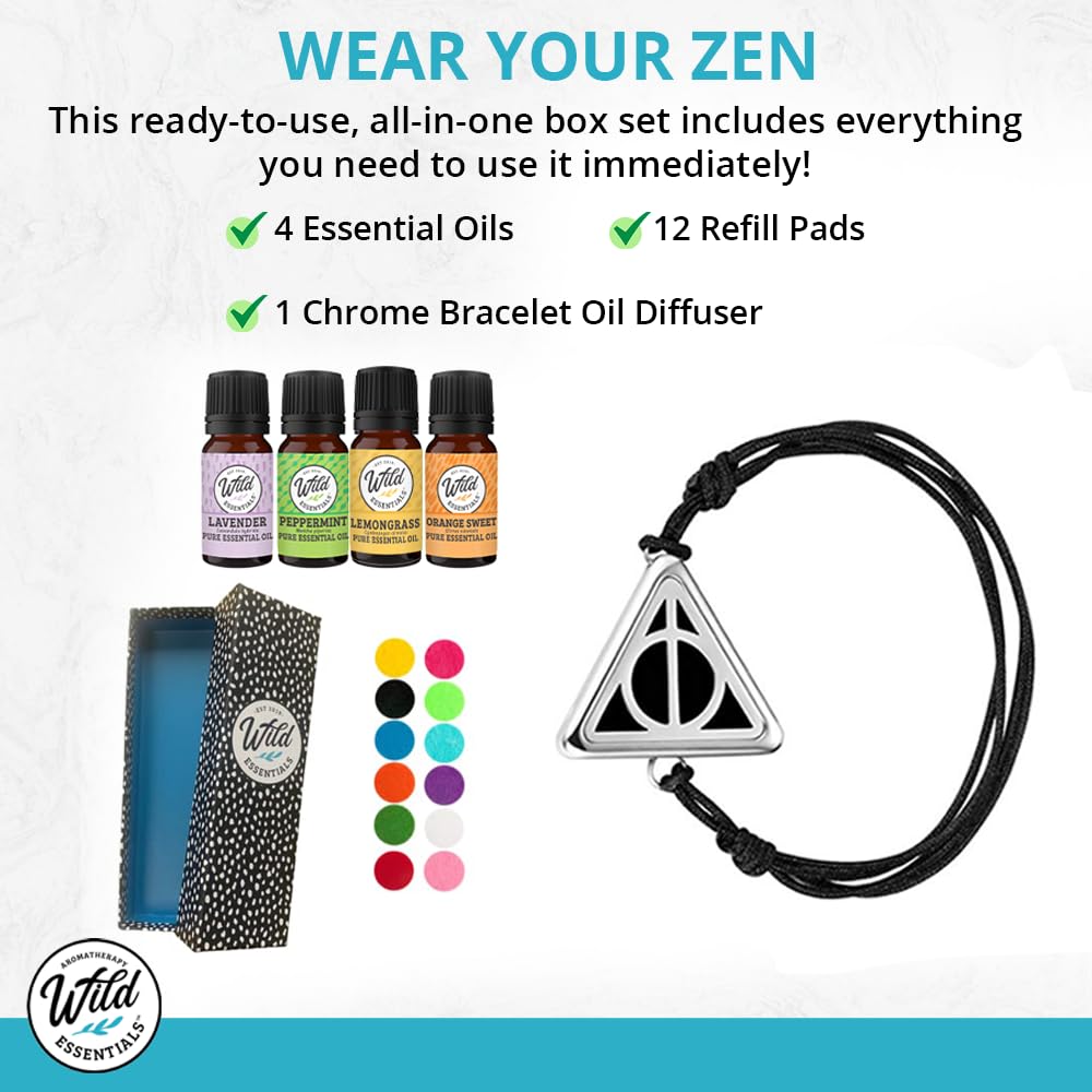 Wild Essentials Potter Hallows Essential Oil Diffuser Bracelet Gift Set with Aromatherapy Pendant, Adjustable Nylon Band, 12 Pads and 100% Pure Oils; Lavender, Lemongrass, Orange and Peppermint