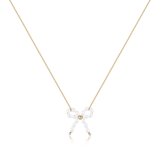 Caenyo Dainty Pearl Bow Pendant Necklace for Everyday Wear, 14K Gold Plated, Lightweight & Tarnish Resistant, Elegant Jewelry for Women