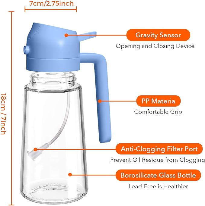 YARRAMATE 16oz/470ml Glass Olive Oil Sprayer for Cooking with Stickers, 2 in 1 Oil Dispenser for Kitchen Gadgets, Food Grade Premium Spray Bottle with Portion Control for Salad, BBQ(SkyBlue)