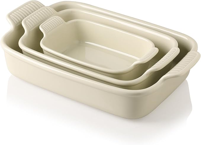 Sweejar Baking Pans Set, Ceramic 9x13 Baking Dish with Handle, Rectangular Casserole Dishes for Oven, Bakeware Sets of 3, Durable Lasagna Pan Deep for Kitchen, Banquet, Wedding Gift(Beige)