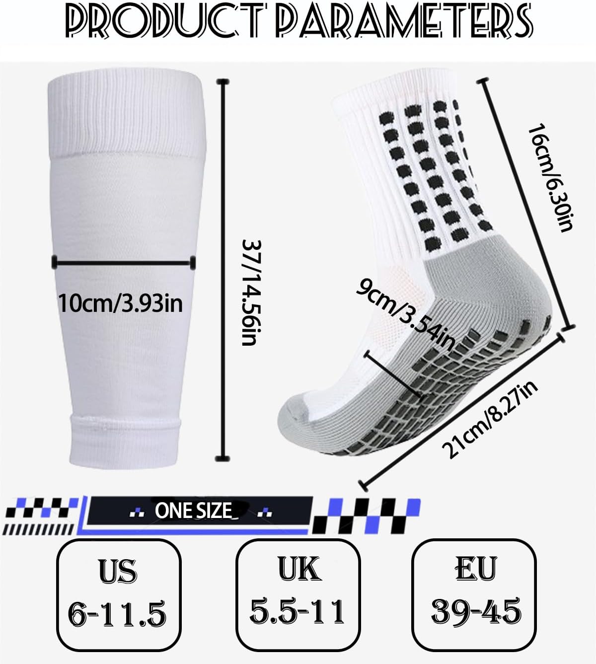 KMOLY 1 Set Soccer Grip Socks,Shin Guard Sleeves for Football Basketball for Men and Women Black/White One Size