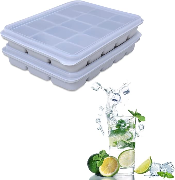 Ice Cube Trays Set of 2, Easy Release 15 Flexible Silicone Ice Cube Molds with Removable Lid Reusable Freezer Ice Trays Stackable for Whiskey, Baby Food, BPA Free (SNOW GRAY)