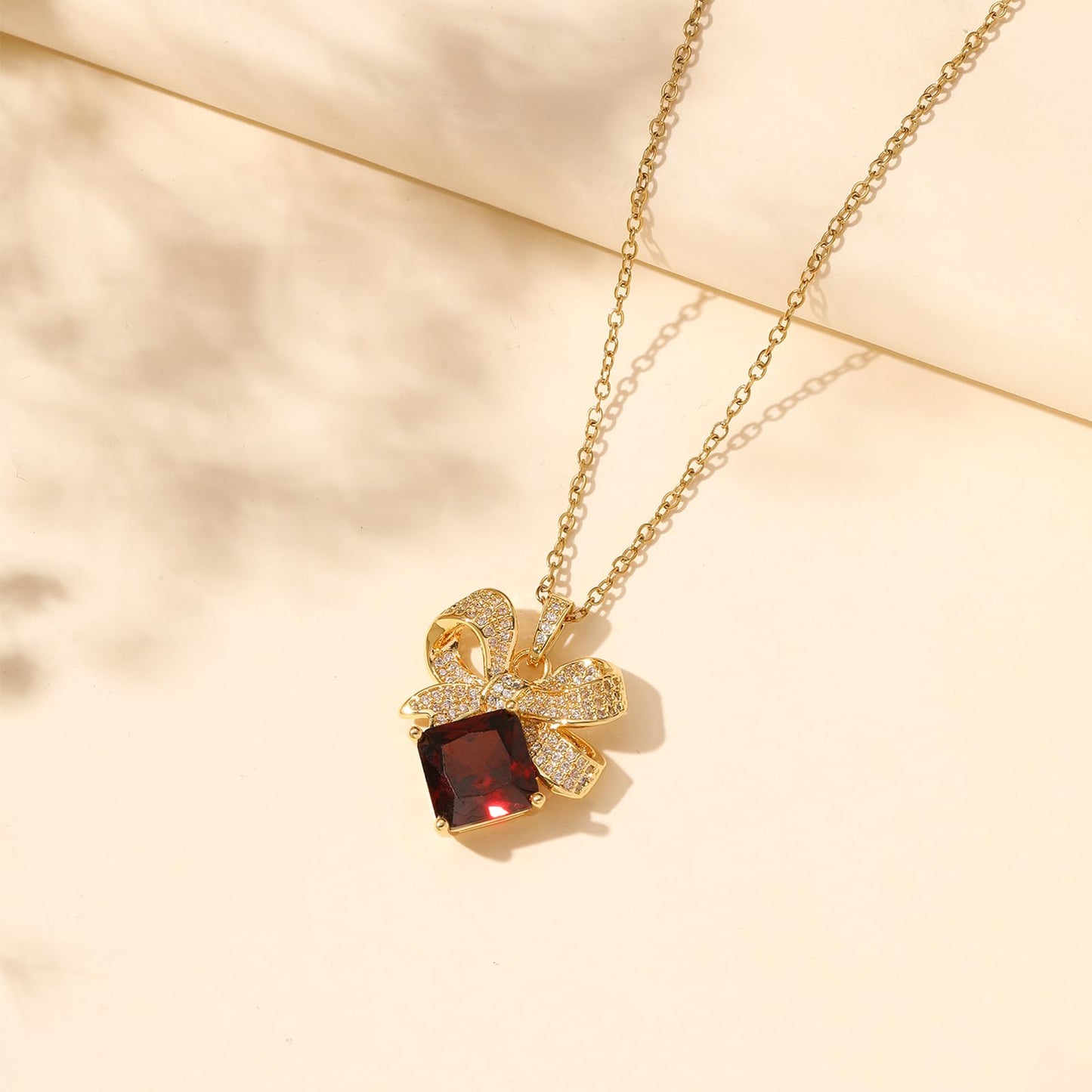 crataly Red Square Garnet Bow Necklace for Women-Gold Plated January Birthstone Vintage Necklace For Valentines Day Mother's Day Christmas Birthday Gifts