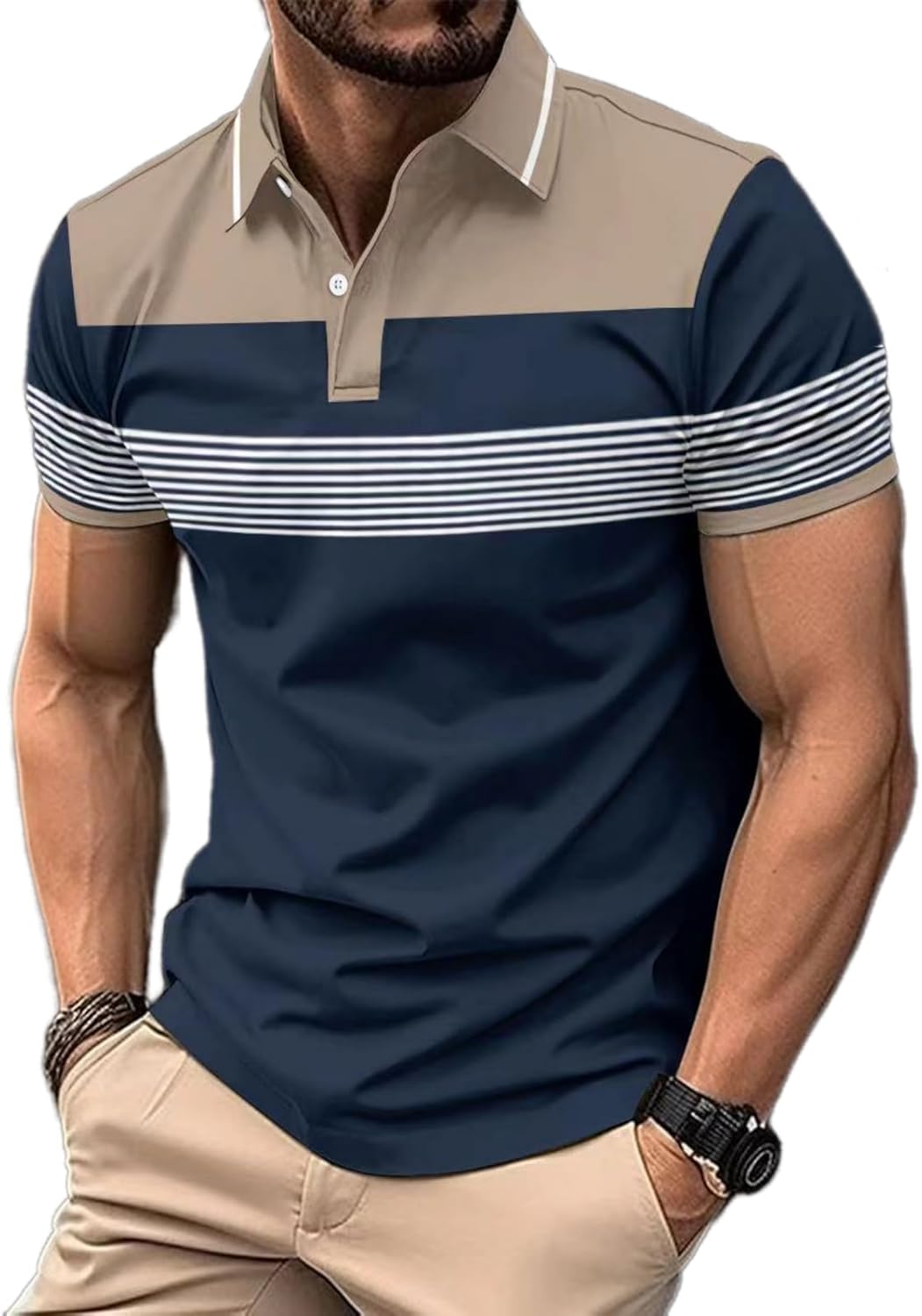 Men's Casual Polo Shirts Short Sleeve Fashion Golf Shirt Classic Striped Slim Fit T-Shirts