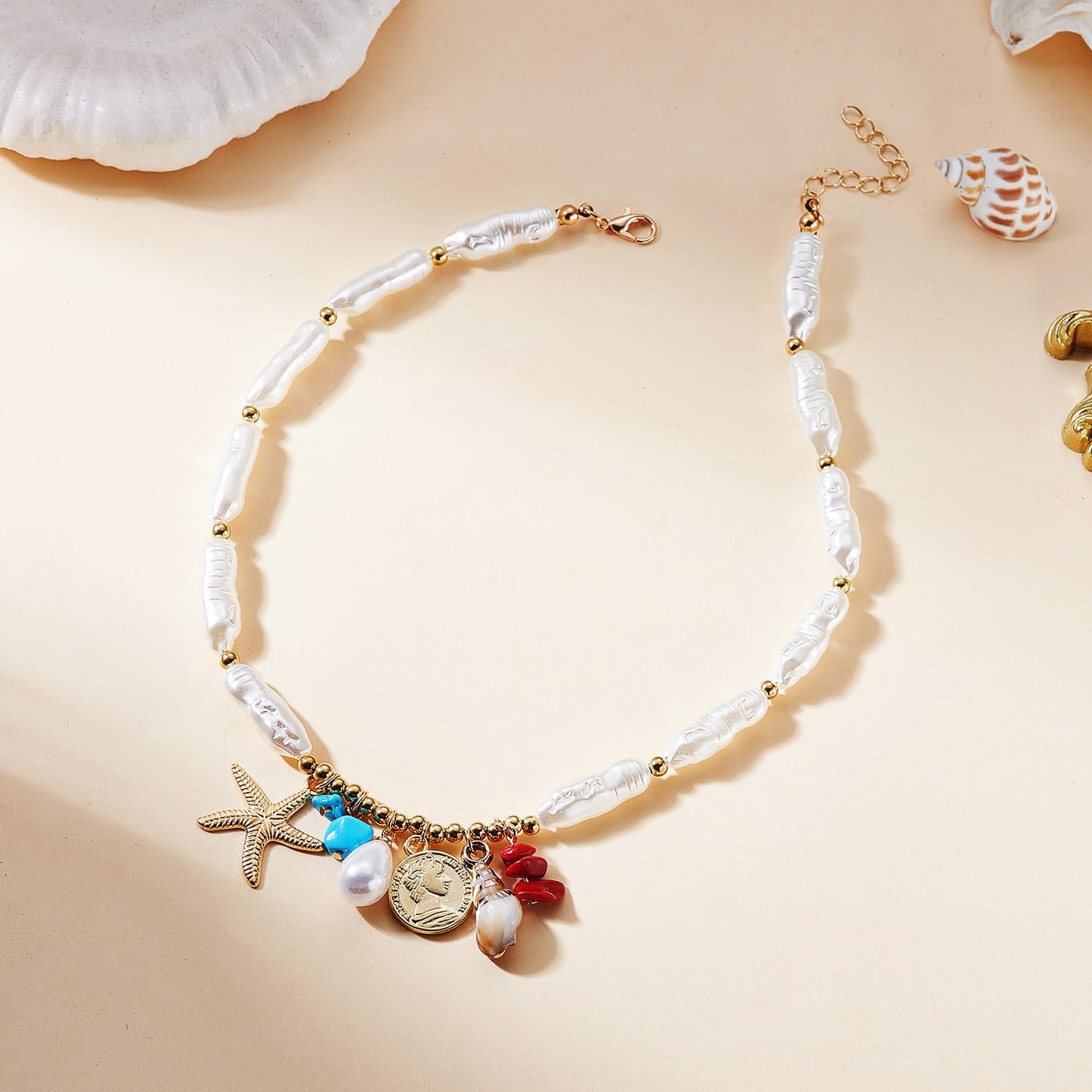 Pearl Gold Starfish Seashell Necklace for Women Boho Mermaid Pearl Beaded Necklace Trendy Gold Starfish Shell Charms Necklaces Summer Beach Vacation Jewelry Accessories (A)