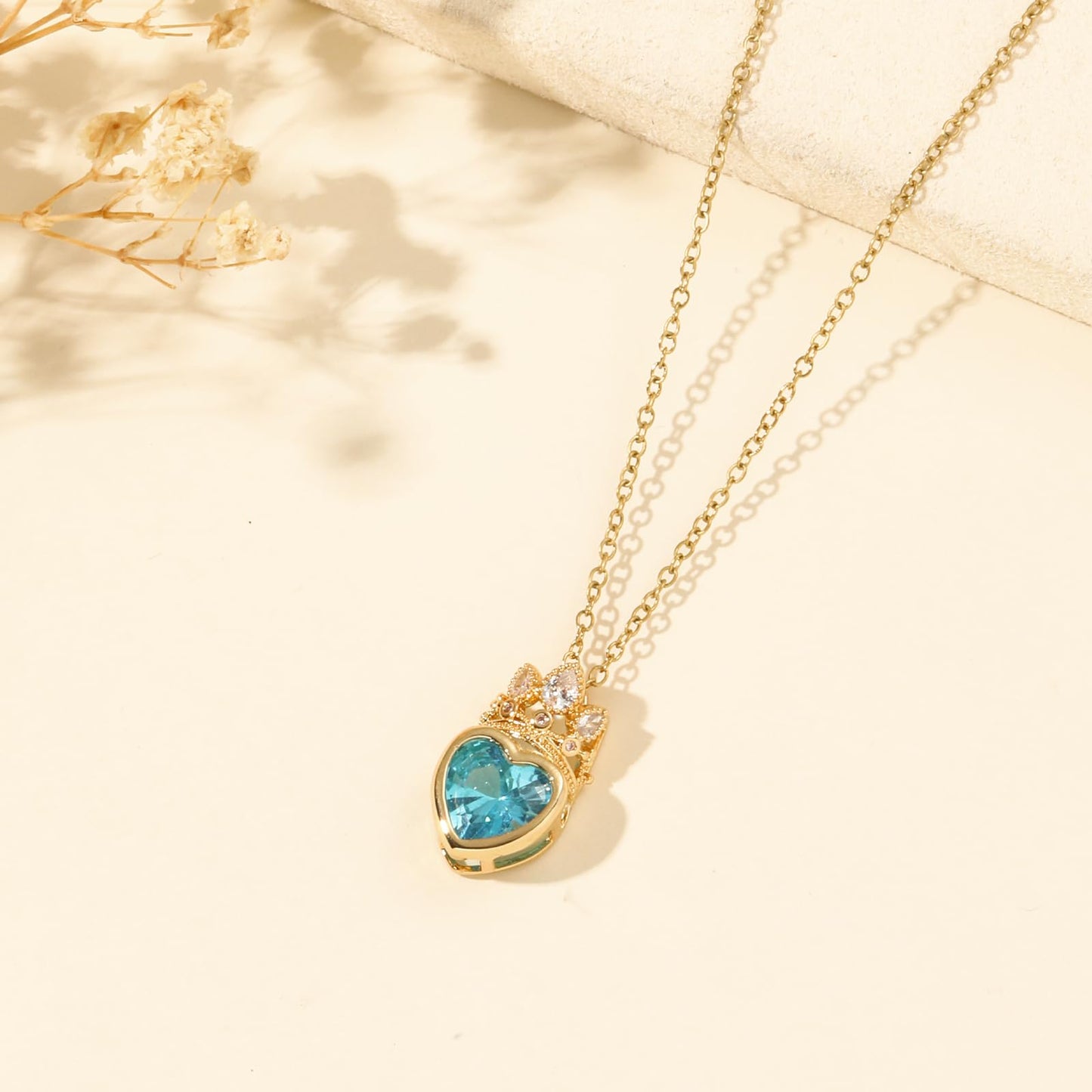 crataly Aquamarine Crown Heart Necklace for Women-Gold Plated March Birthstone Princess Necklace For Valentine's Day Mother's Day Christmas Birthday Gifts