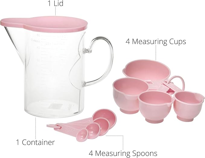 Measuring Cups and Measuring Spoons Set of 10 Pieces, Supreme Housewares Plastic Multi-Purpose Home Essentials Cooking, and Baking Tools BPA Free Dishwasher Safe for Liquid and Dry (Pink)