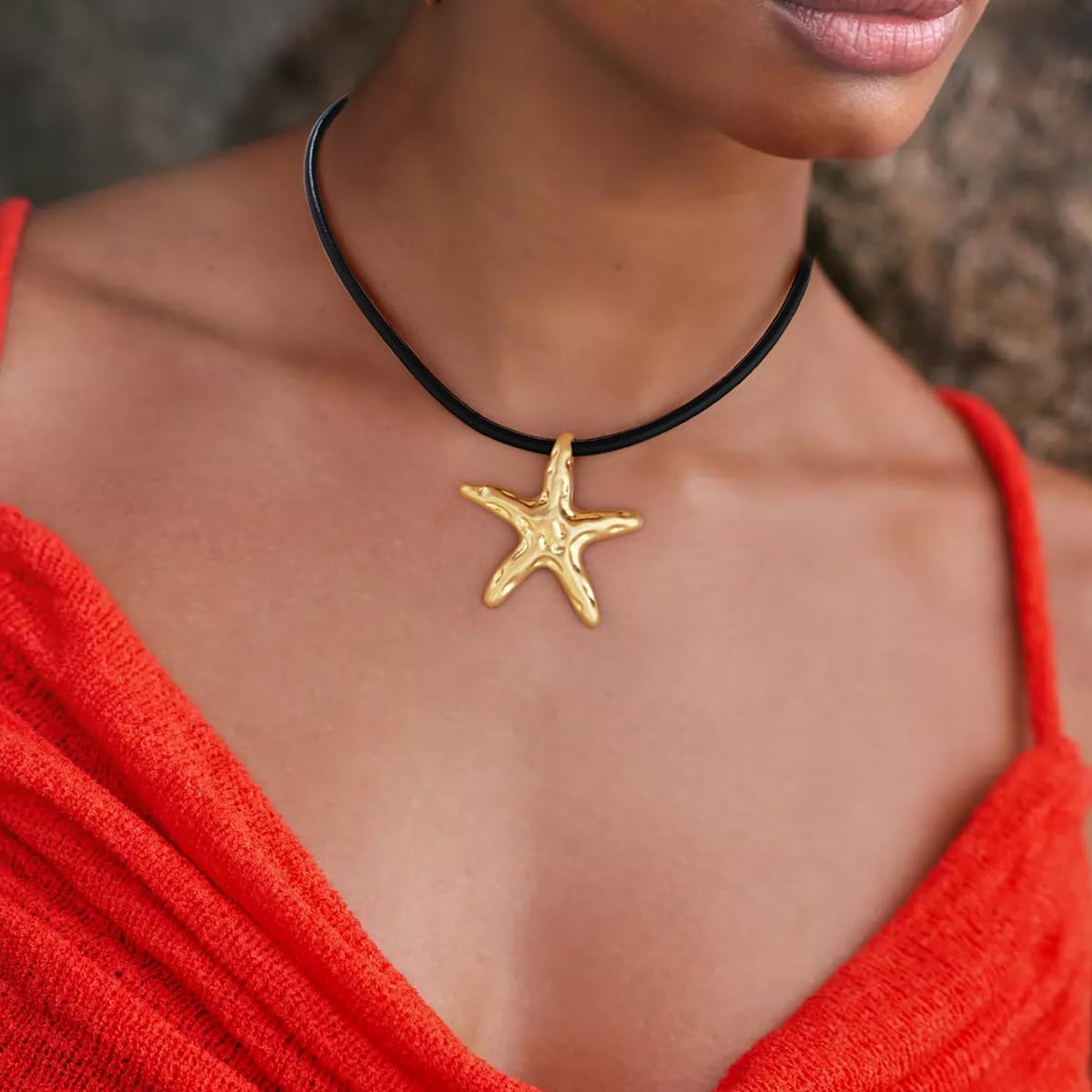 INNERDIVA Starfish Necklace with Black Leather Cord, Gold Ocean Starfish Pendant Necklace Eco-Friendly Beach Jewelry for Women Summer Boho Statement