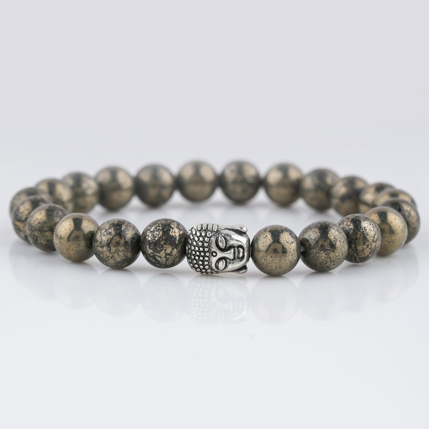 CRYSTALINES Buddha Charm Stretchable Braceclet, Natural Pyrite Gemstone Beads, Plain Round Stones, Handmade Boho Strech Bracelet, Adjustable Spiritual Healing Crystal Unisex Jewelry Gift