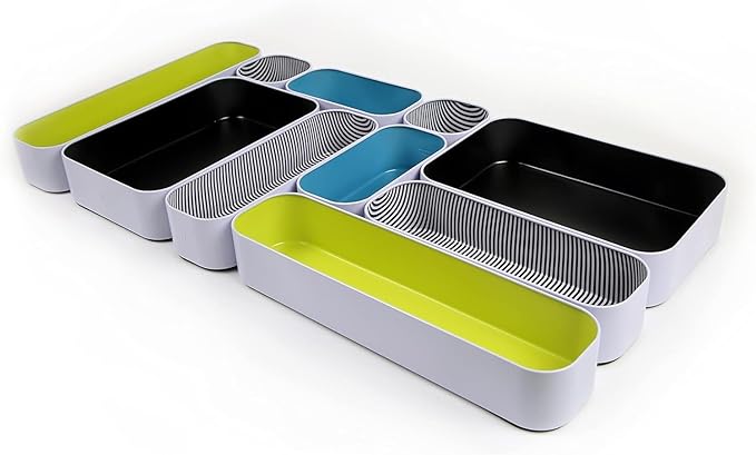 Three by Three Seattle 10 Piece Metal Organizer Tray Set for Storing Makeup, Stationery, Utensils, and More in Office Desk, Kitchen and Bathroom Drawers (2 Inch, Assorted Colors, Stripes)