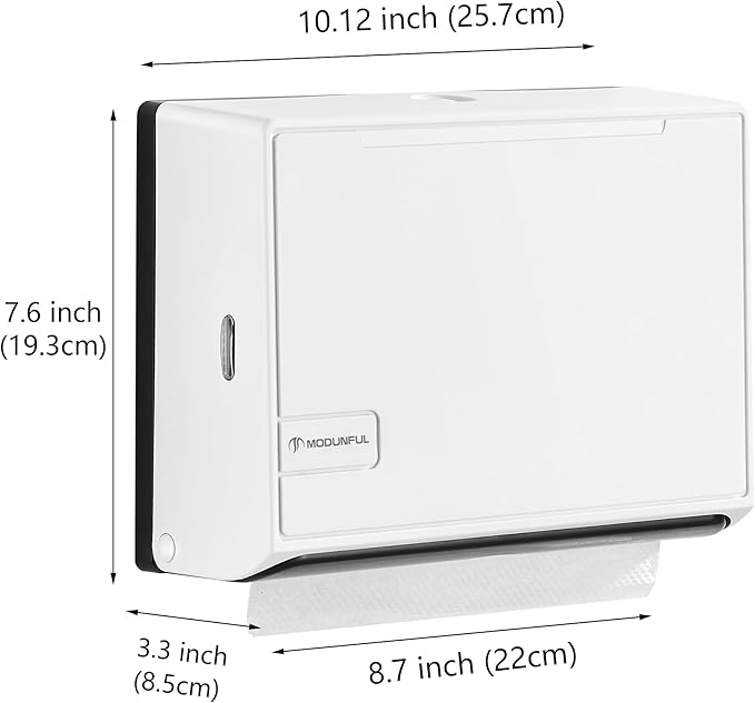 Paper Towel Dispenser for Home Bathroom: Modunful White ABS Multifold Paper Holder with Viewing Window & No-Drill Installation