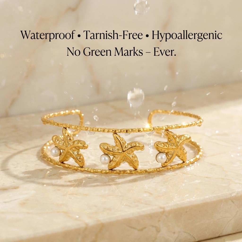 MystiGlimmer Starfish Bracelet with Luxury Gift Box 18K Gold Plated Stainless Steel, Adjustable Open Cuff, Waterproof & Hypoallergenic Jewelry Gift for Women (3Starfish)