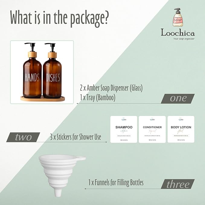 LOOCHICA Amber Glass Soap Dispenser Set with Tray, Amber Dish and Hand Soap Dispenser Set, Refillable Reusable Apothecary Soap Pump Dispenser Bottles for Bathroom and Kitchen