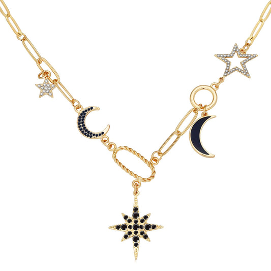 BONJOULRY Charm Necklace for Women Gold Moon and Star Charms Pendant Necklace Vintage Boho Gothic Paperclip Chain Chunky Choker Y Necklace Jewelry Gifts Celestial Black