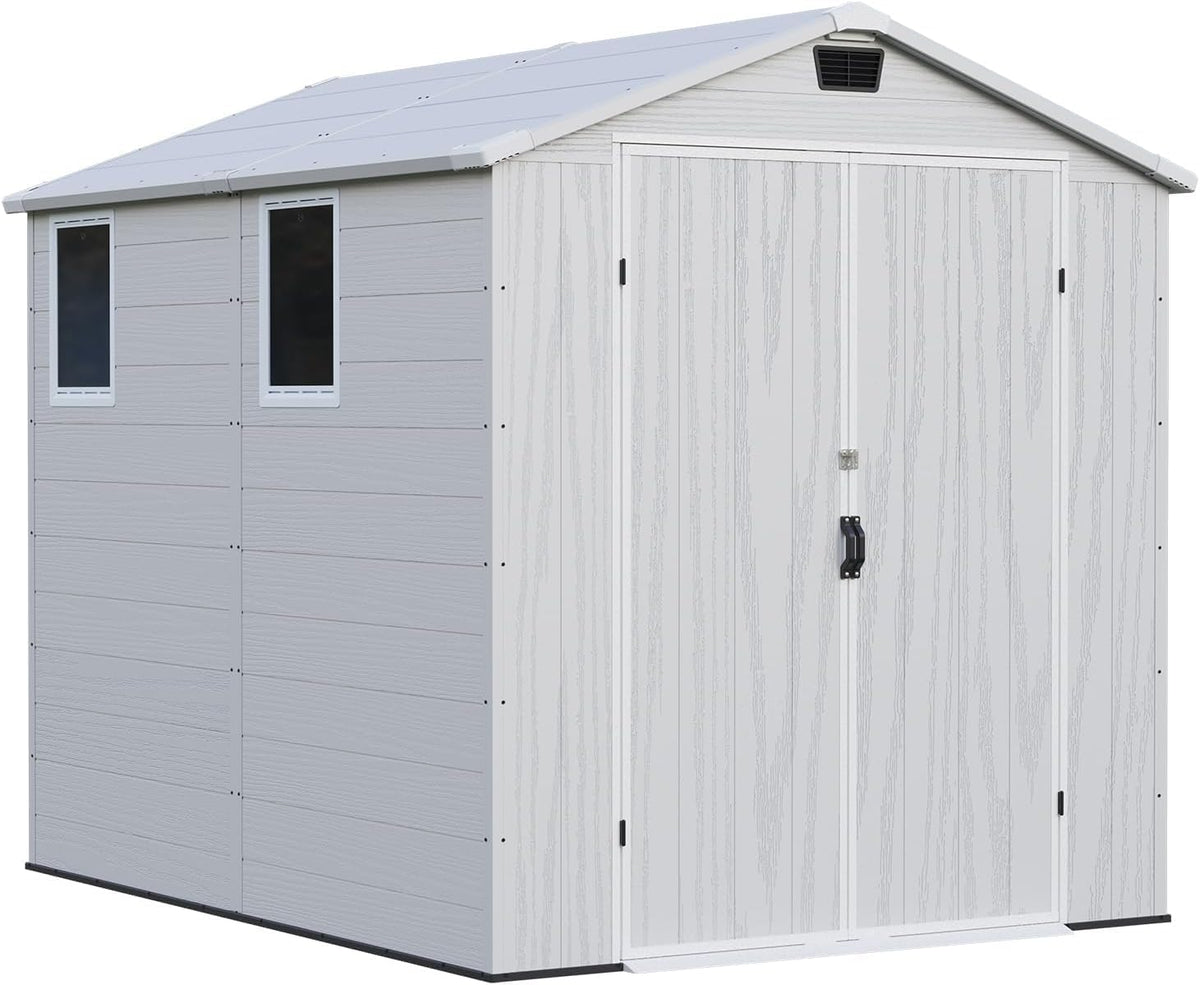 Patiowell 6x8 FT Outdoor Storage Shed with Floor - Resin Tool Shed with Lockable Door & 2 Windows, Easy Assembly for Garden, Backyard, Lawn Equipment, Light Gray
