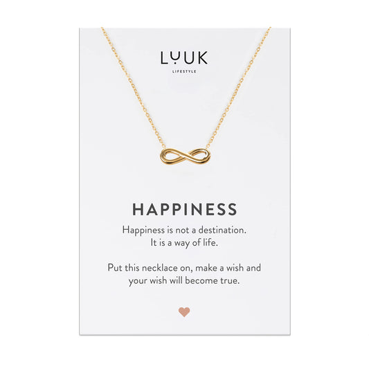 LUUK LIFESTYLE Necklace for women with Infinity pendant and HAPPINESS gift card, modern and minimalist fashion accessory, jewelry to offer, girlfriend, loved one, proof of infinite love, gold