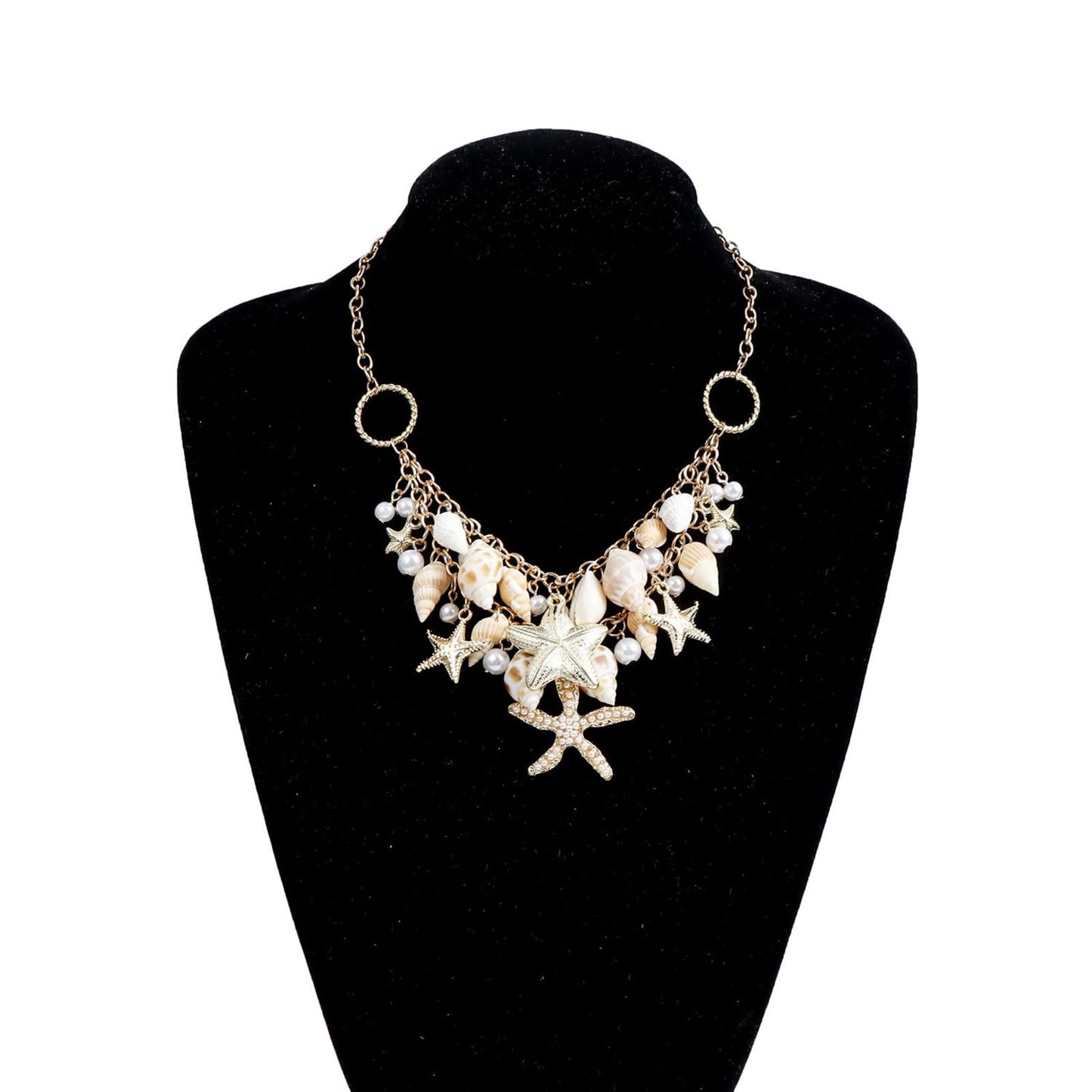 Shell Starfish Necklace for Women Conch Shell Starfish Pearl Necklace Seahorse Necklace Bohemian Chunky Choker Necklace Sea Shell Pearl Choker Collar Neck Mermaid Costume Jewelry Beach Jewelry (Gold)