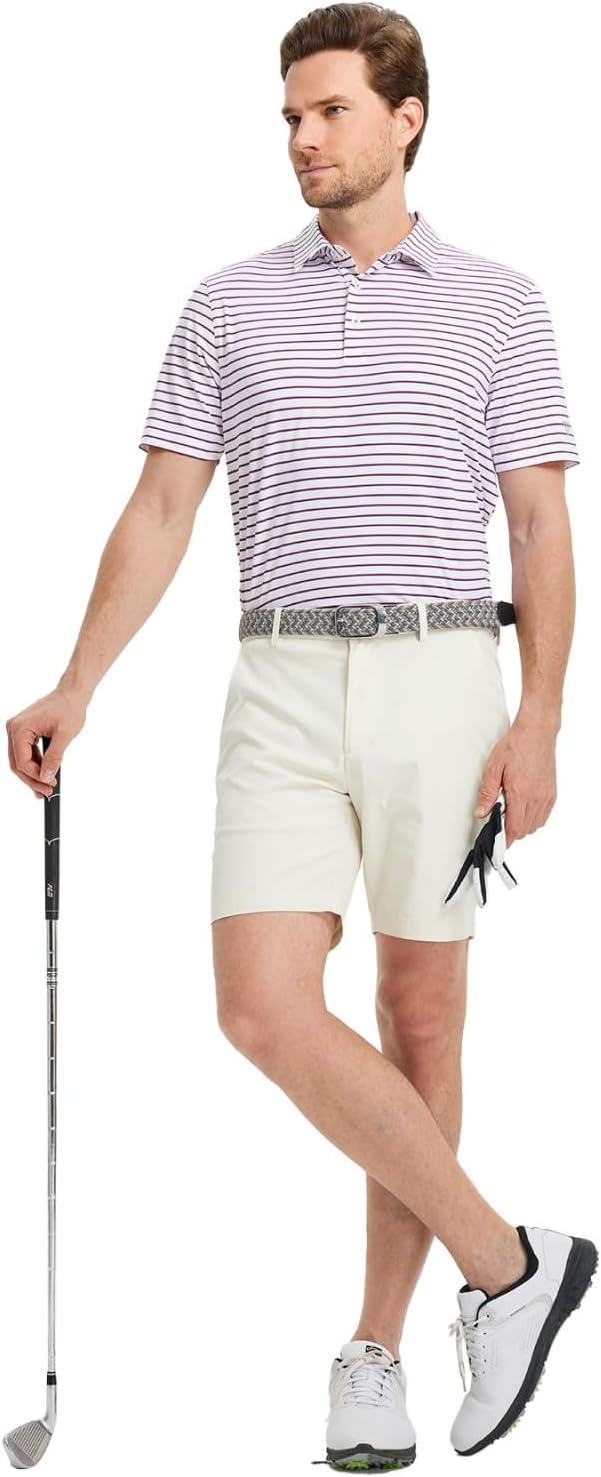 M MAELREG Golf Shirts for Men Moisture Wicking Striped Polo Performance Dry Fit Business Sports Mens Polo Shirts Short Sleeve