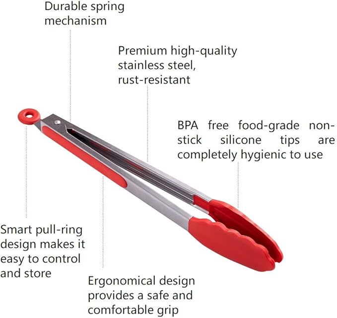 Kitchen Tongs Set of 2 – 9 inch & 12 inch – Stainless Steel Food Tongs with Silicone Tips – Premium Locking Non-stick Tongs for Cooking, BBQ, Grilling, Salad - Heavy Duty, BPA Free(Red)
