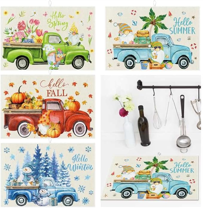 Teenyyou 4 Pcs Seasonal Dish Drying Mats for Kitchen 24"x 16" Winter Holiday Microfiber Absorbent Washable Drainer Mat for Counter Spring Summer Fall Home Accessories Decoration(Truck)