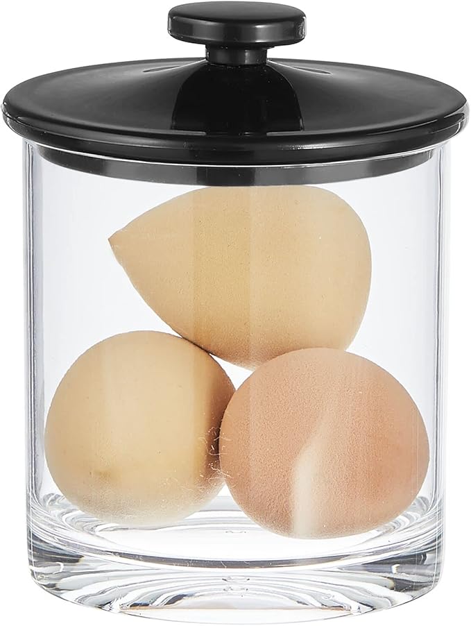 mDesign Small Modern Apothecary Storage Organizer Canister Jars - Acrylic Containers for Bathroom, Organization Holder for Vanity, Counter, Makeup Table, Lumiere Collection, 2 Pack, Clear/Black