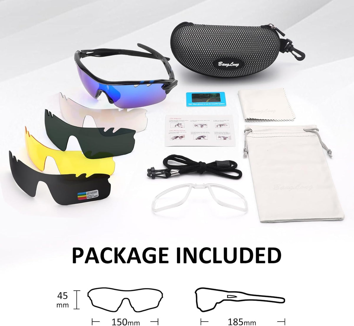 BangLong Polarized Sports Sunglasses Cycling Sun Glasses for Men Women with 5 Interchangeable Lenes for Running Baseball Golf