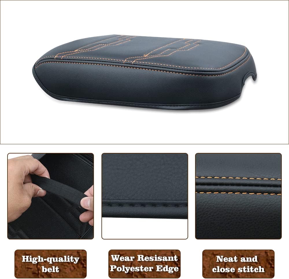 Muslogy for Frontier Center Console Pad Armrest Box Cover Vegan Leather Soft Accessories Armrest Lid Protector Compatible with Nissan Frontier 2022-2024 2025 (Regular Thick, V2 Orange Stitching)