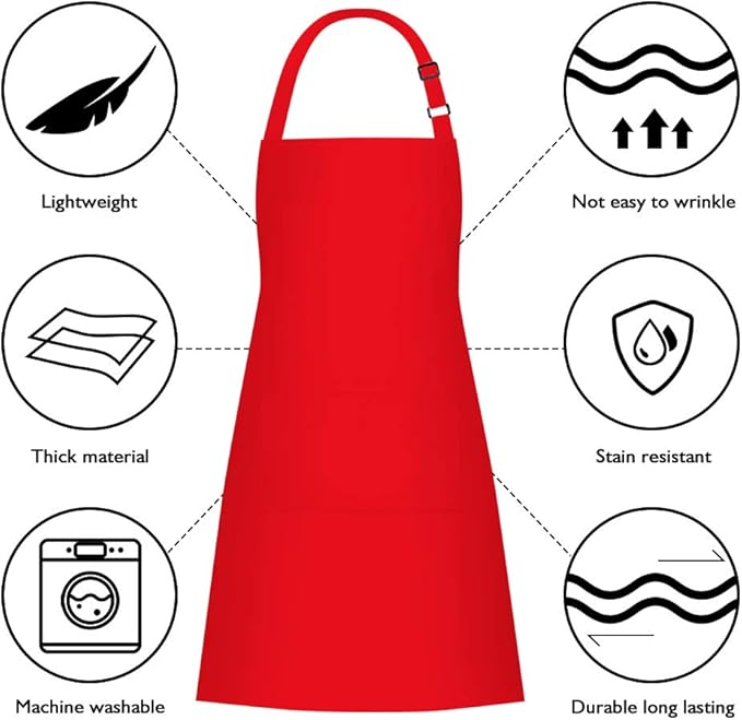 Jubatus 1 Pack Bib Aprons with 2 Pockets Cooking Chef Kitchen Apron for Women Men, Red