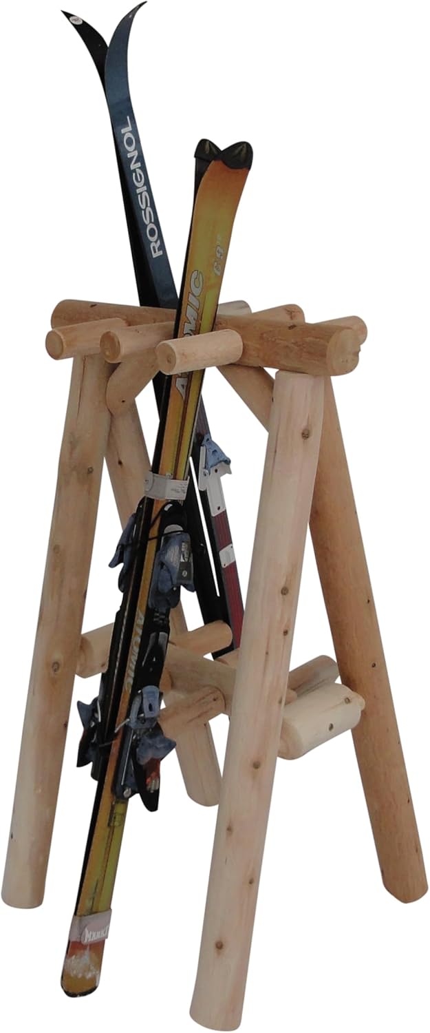 9-Place Freestanding Log Ski Rack Holder, Indoor & Outdoor Snowboard Racks, Standing Storage, Garage Racks for Snow Skis & Poles, Durable Snowboard Rack Garage Storage Organizer - Unfinished