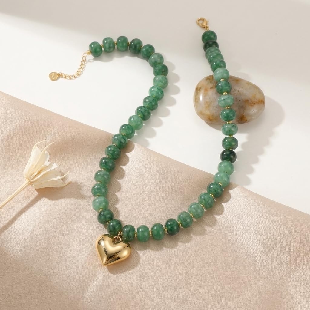 Frigotine Chunky Heart Necklace for Women, Green Acrylic Resin Beaded Choker with Gold Puffy Heart Pendant, Trendy Statement Jewelry Gift