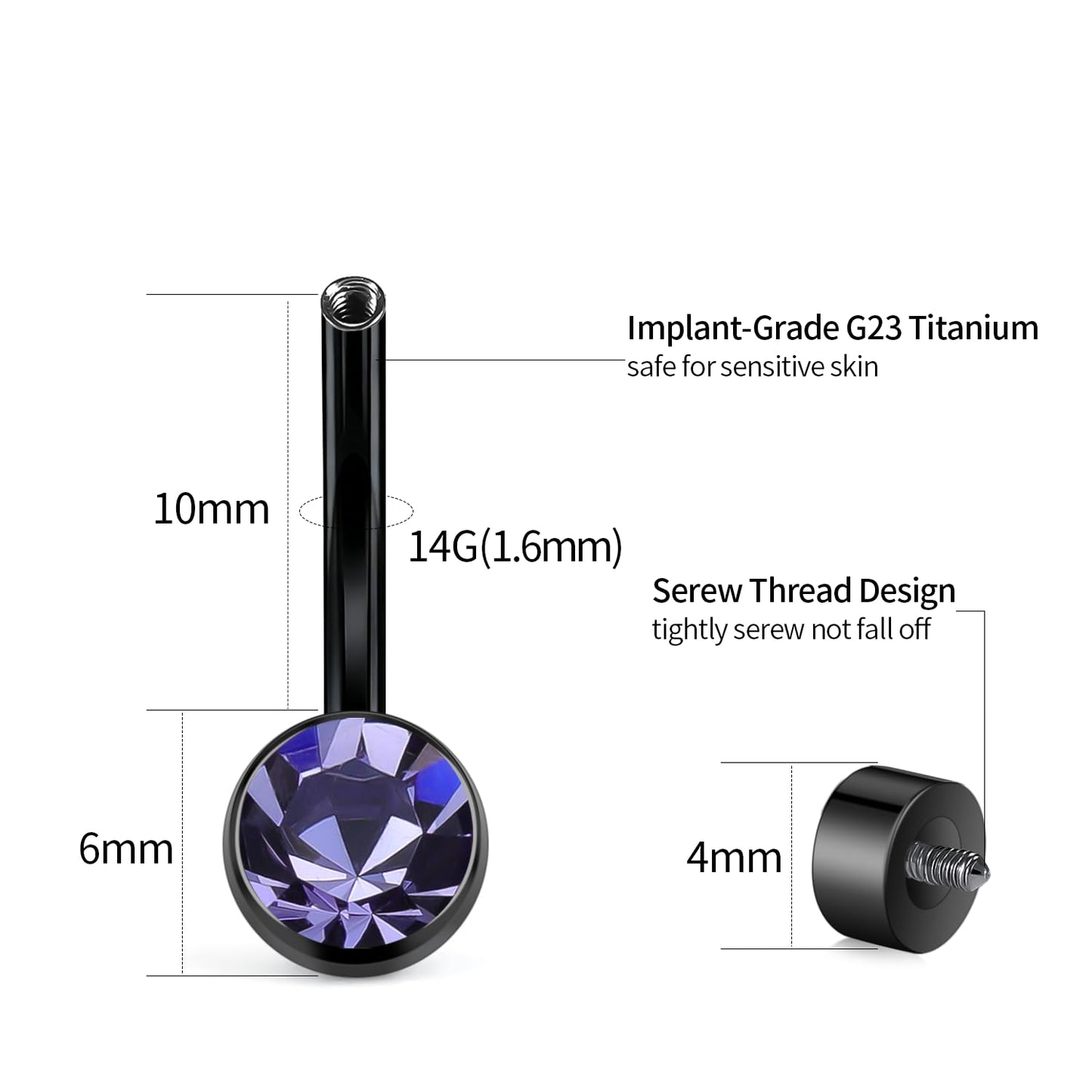 XUU Titanium Belly Button Rings, Black & Silver – 14G Internally Threaded Navel Piercing Jewelry, 10mm & 12mm Curved Barbells with 7 Colors Gems – Hypoallergenic (Black-Violet cz, 10MM)