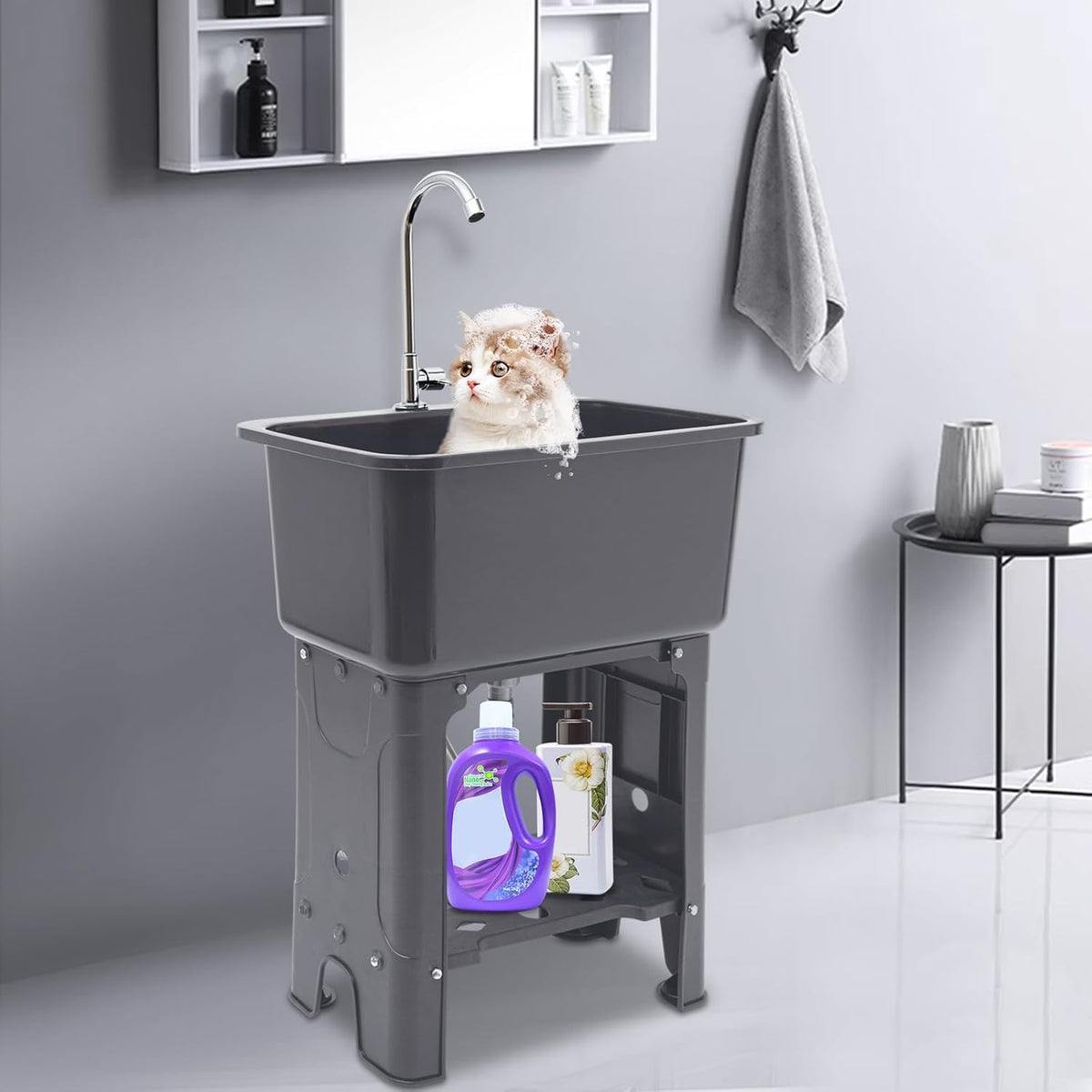 Free Standing Utility Sink with Washboard Laundry Tub Sink for Outdoor,Garage,Basement,Garden wuth Faucet,Drain,Storage Shelf (Gray, 23.6 * 15.8 * 30.1in)