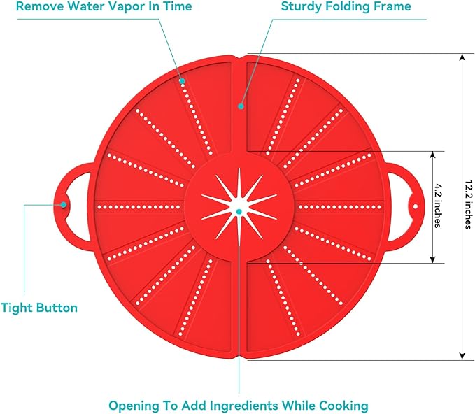 Silicone Splatter Screen for Frying Pan, Foldable Splash Guard, Multi-Use Grease Splatter Guard,Heat-Resistant Trivet Mat, 12" Non-Stick Oil Splatter Guard, Dishwasher Safe, BPA Free-red